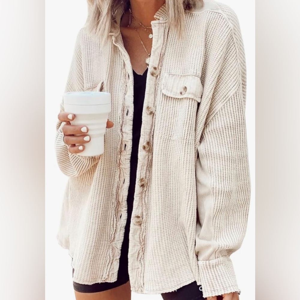 Brand New Womens Loose Fit Waffle Knit Button Down Shirt/Shacket Top
